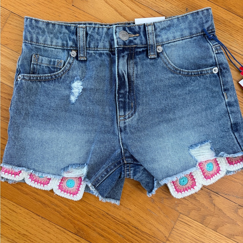 Limited Too Denim Shorts with Pink Crochet Accents. Girls Size 8.